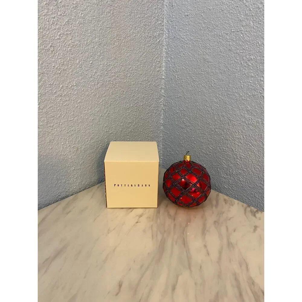Pottery Barn Red Glass Glitter Lattice Ball Ornament w/ Original Box